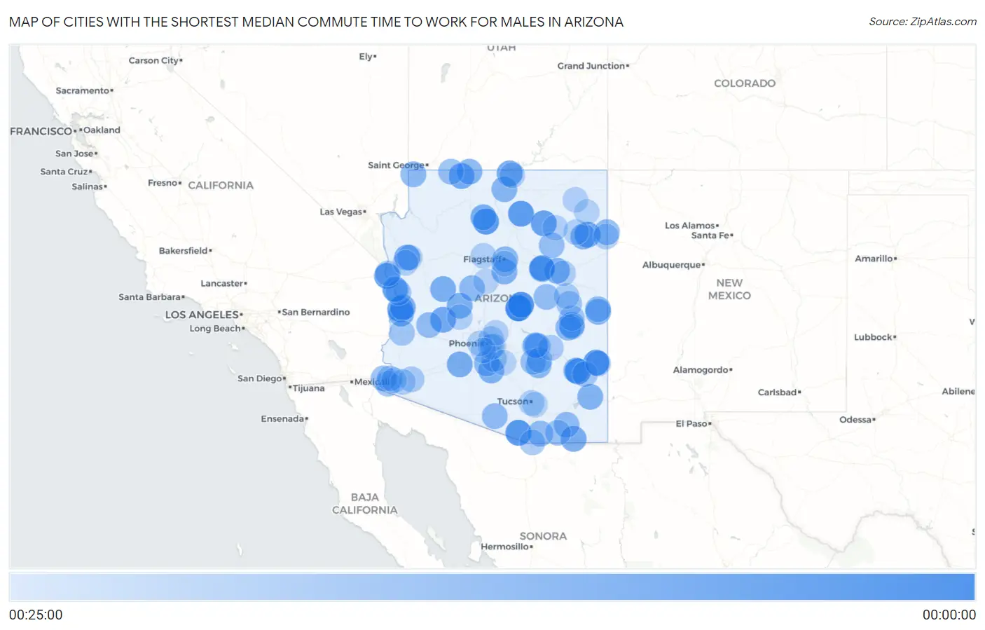 Cities with the Shortest Median Commute Time to Work for Males in Arizona Map