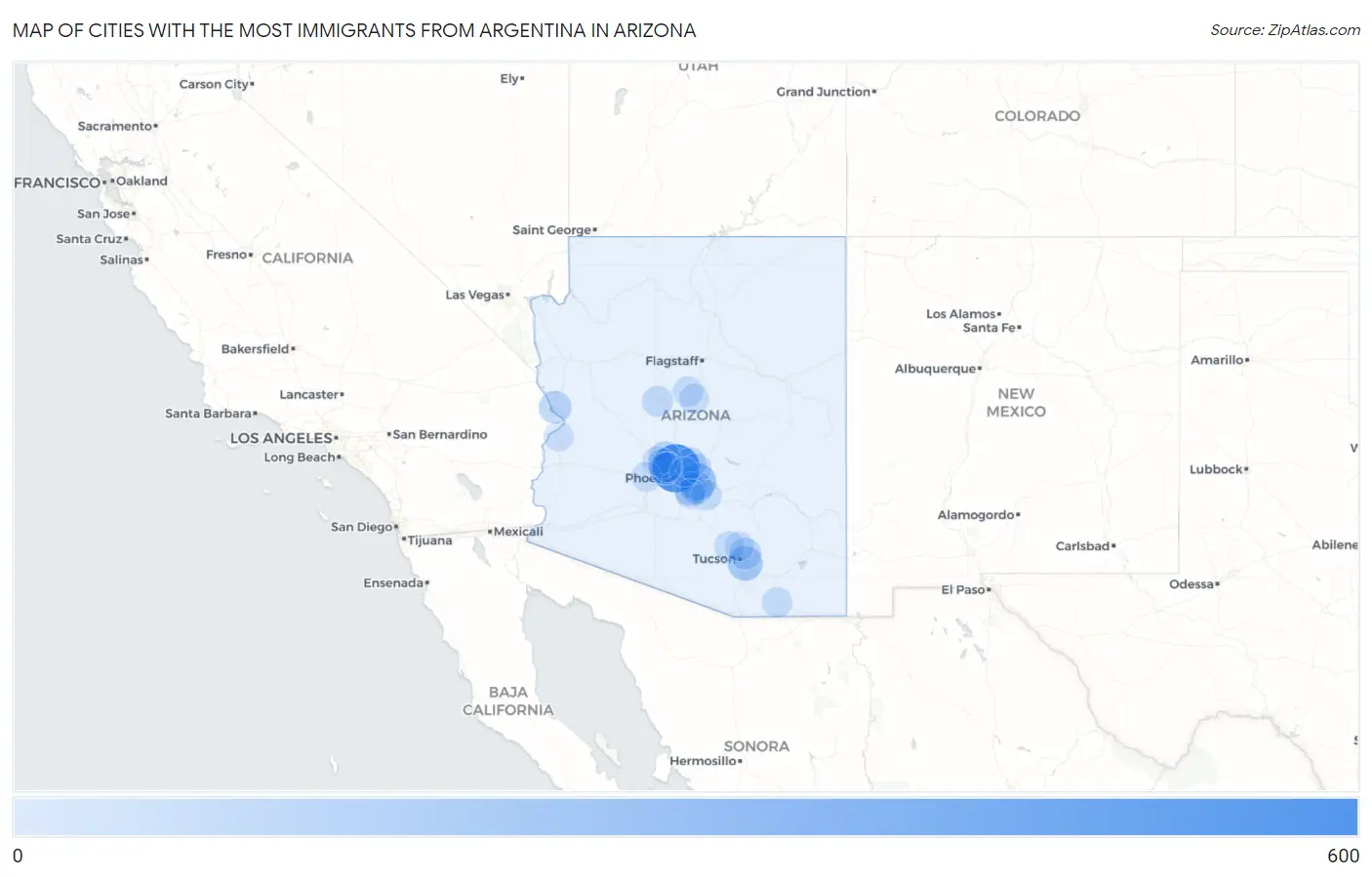 Cities with the Most Immigrants from Argentina in Arizona Map