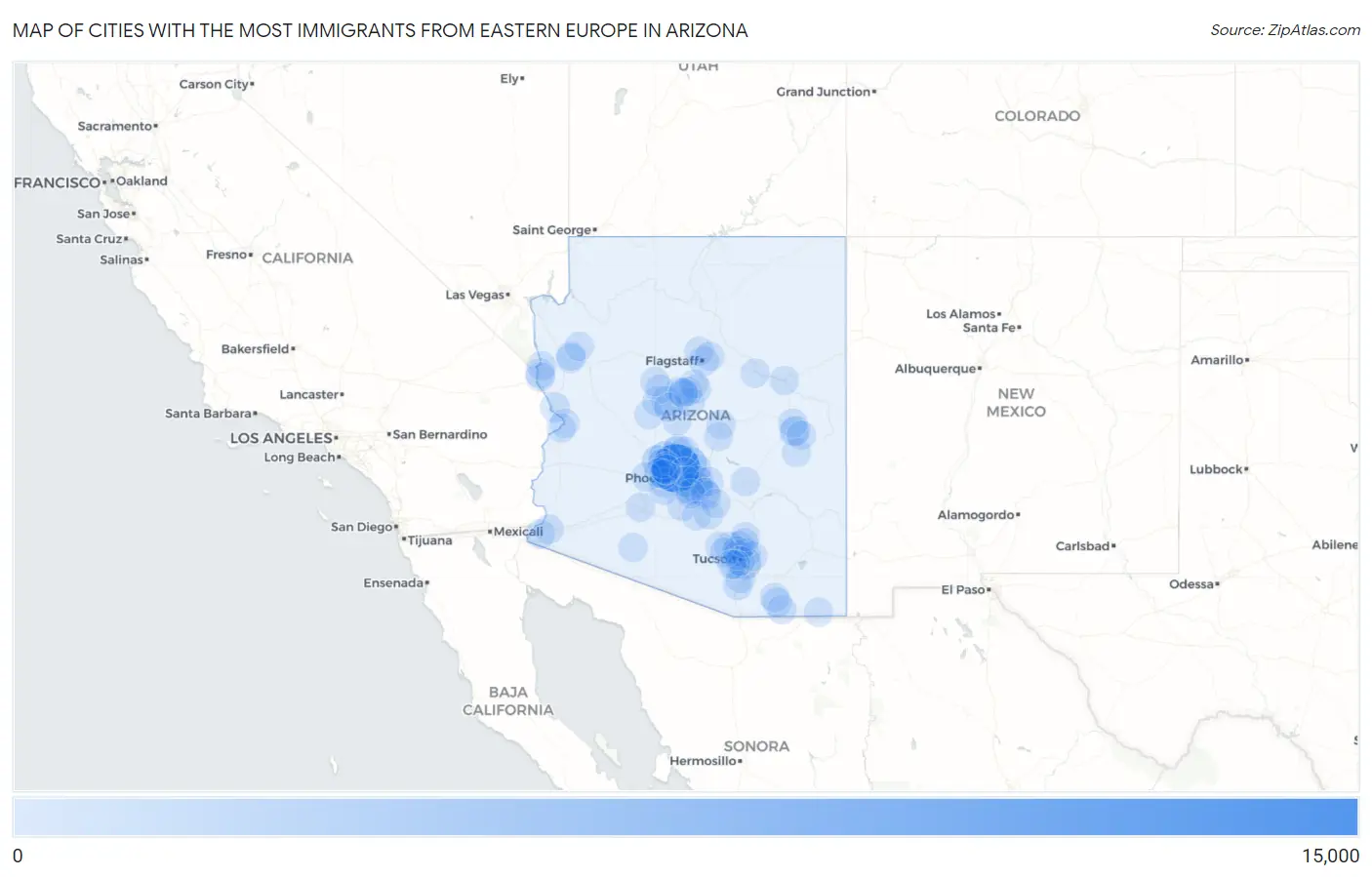 Cities with the Most Immigrants from Eastern Europe in Arizona Map