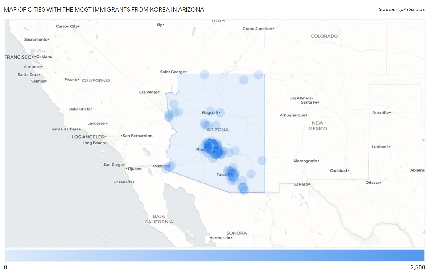 Cities with the Most Immigrants from Korea in Arizona Map