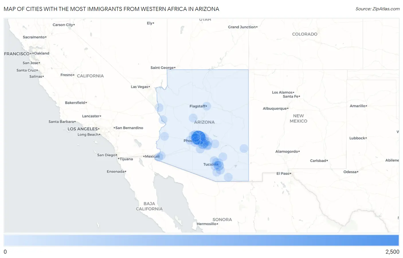 Cities with the Most Immigrants from Western Africa in Arizona Map