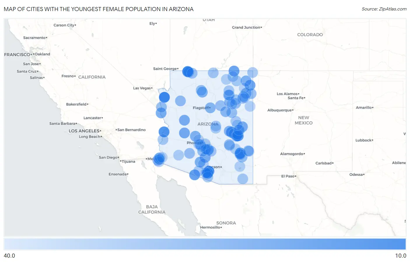 Cities with the Youngest Female Population in Arizona Map
