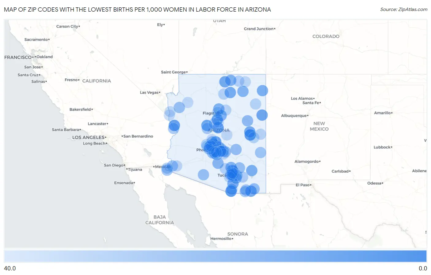 Zip Codes with the Lowest Births per 1,000 Women in Labor Force in Arizona Map