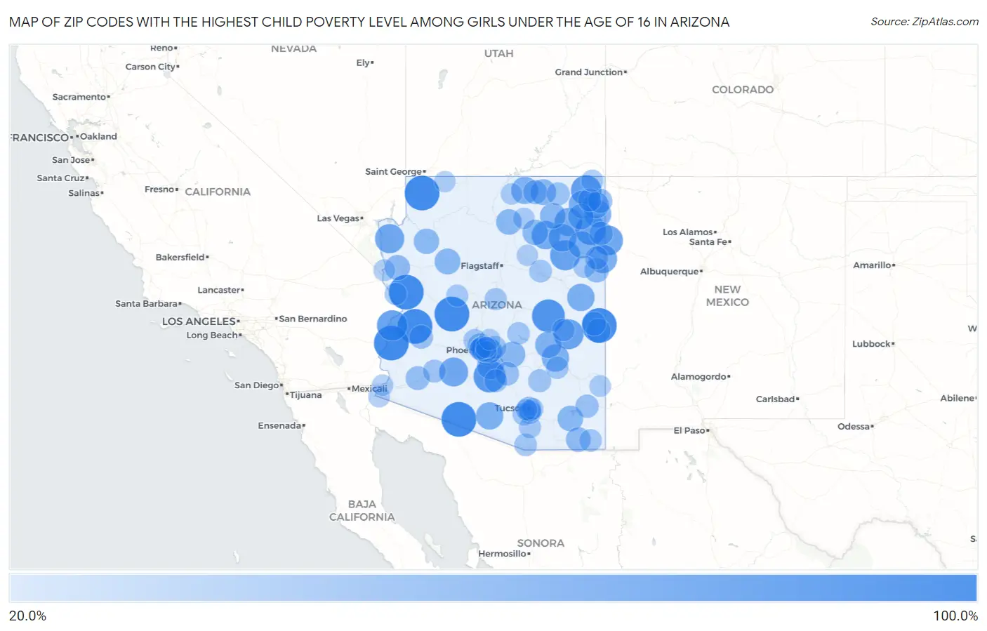 Zip Codes with the Highest Child Poverty Level Among Girls Under the Age of 16 in Arizona Map