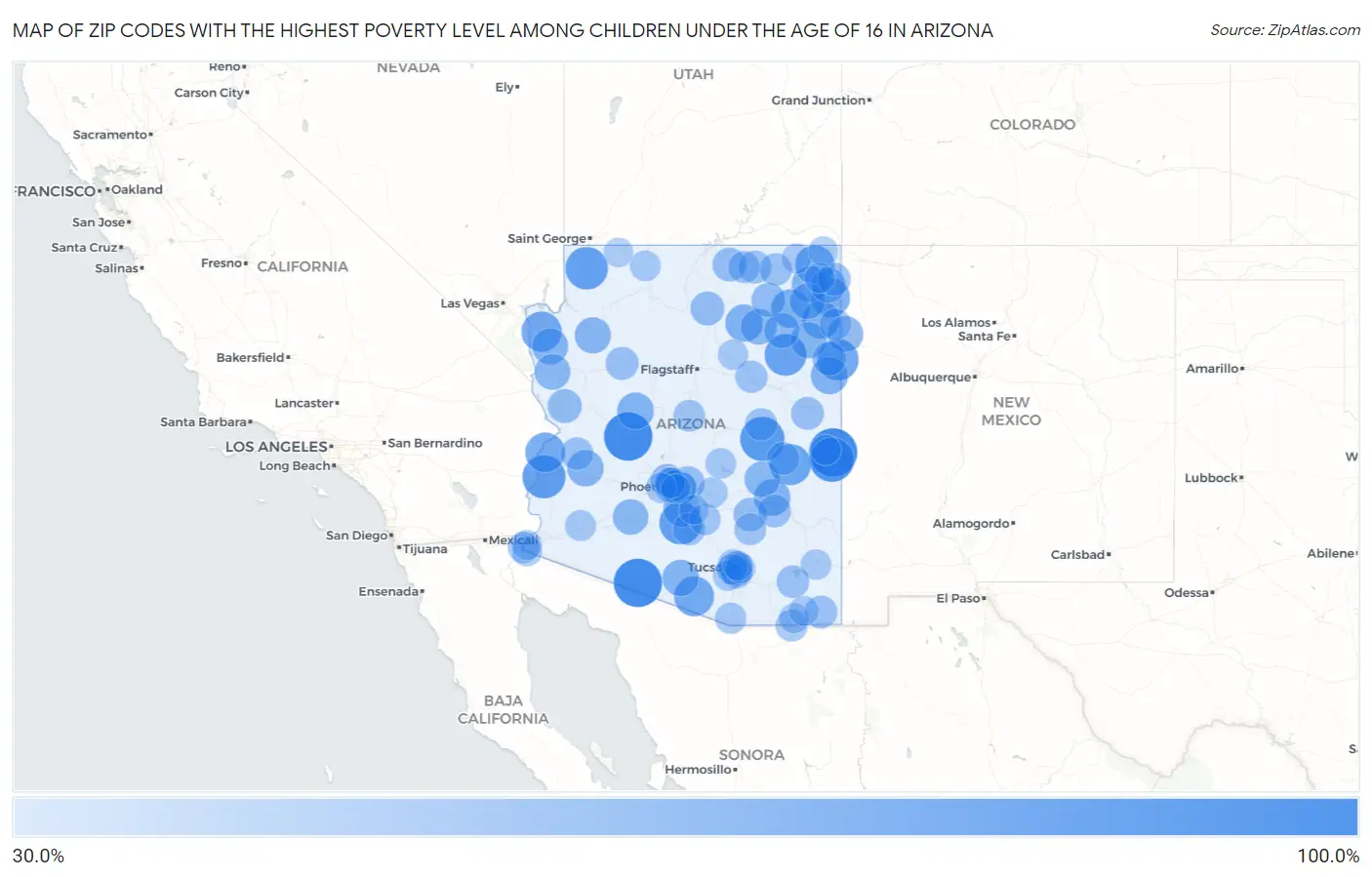 Zip Codes with the Highest Poverty Level Among Children Under the Age of 16 in Arizona Map