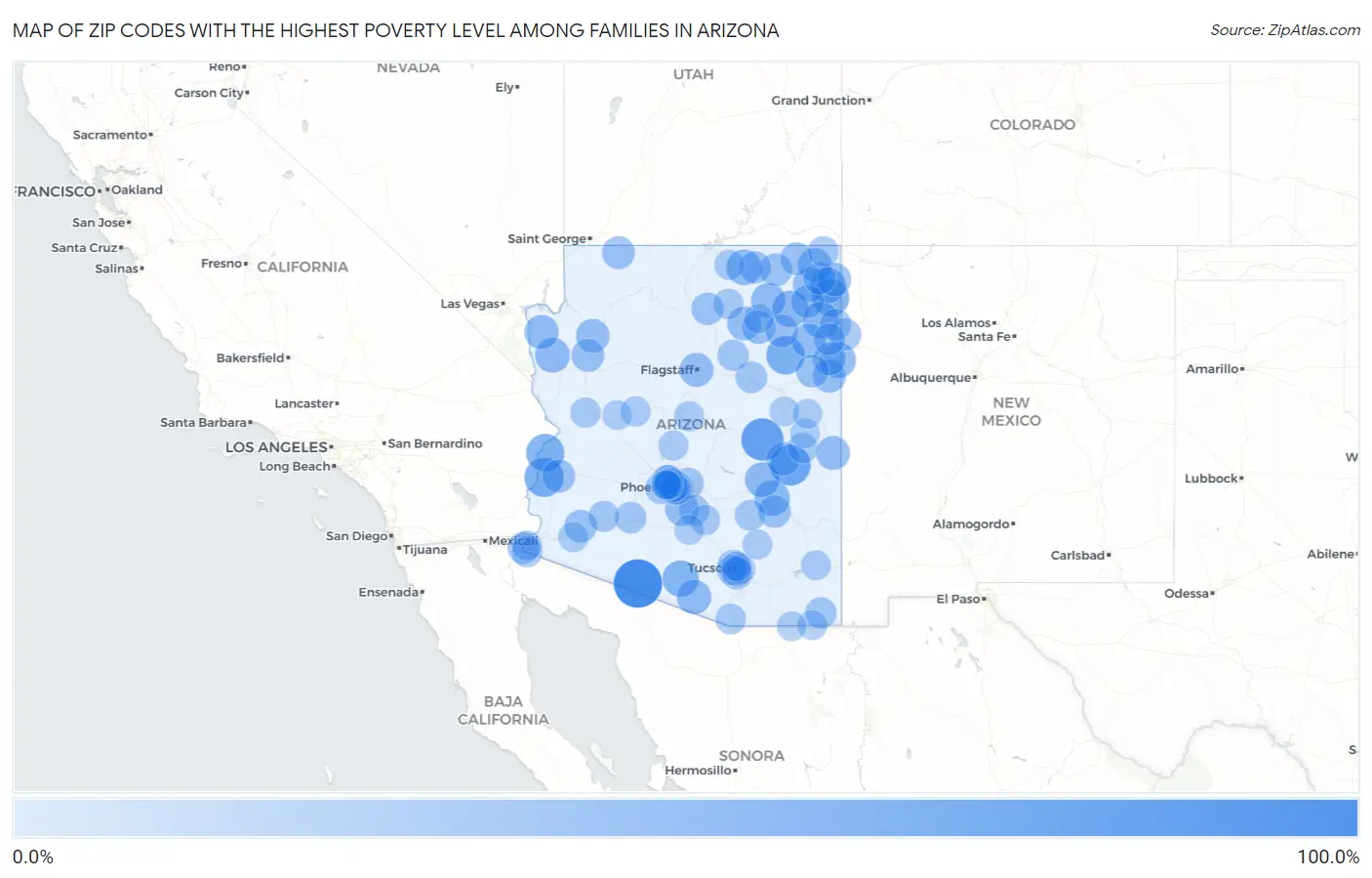 Zip Codes with the Highest Poverty Level Among Families in Arizona Map