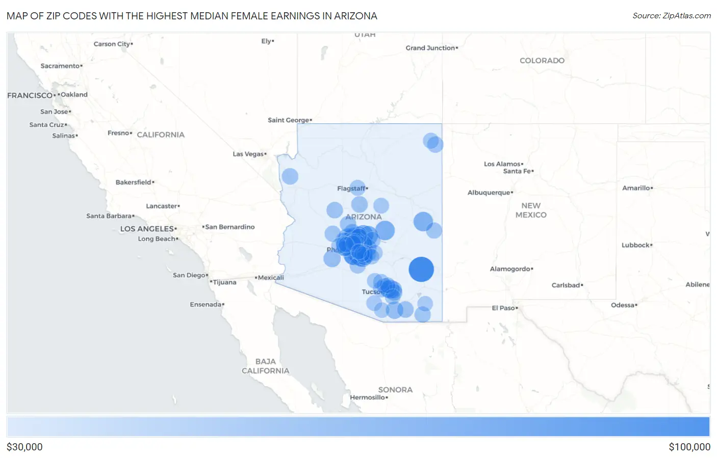 Zip Codes with the Highest Median Female Earnings in Arizona Map