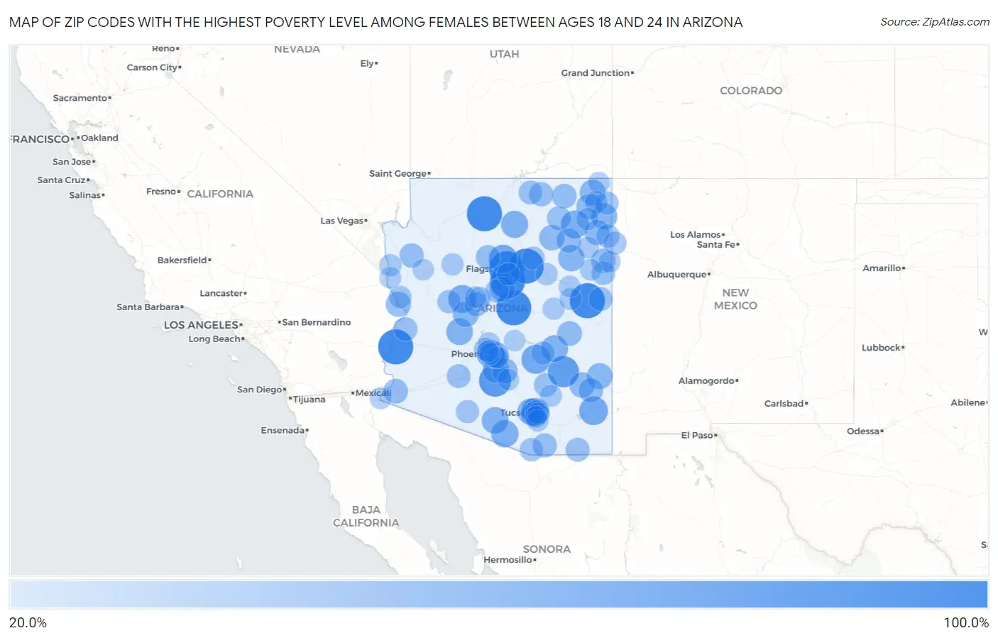 Zip Codes with the Highest Poverty Level Among Females Between Ages 18 and 24 in Arizona Map