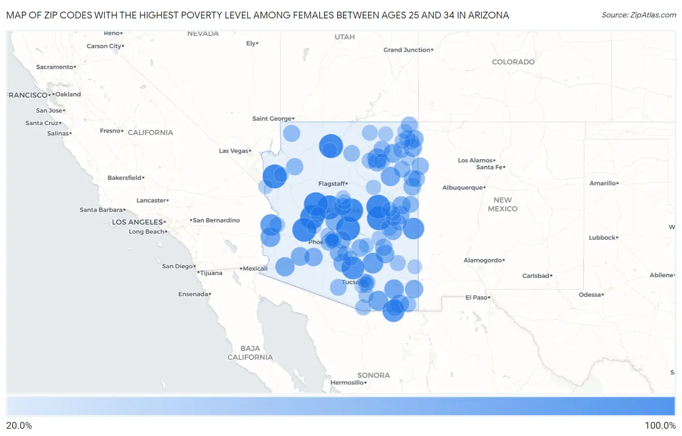Zip Codes with the Highest Poverty Level Among Females Between Ages 25 and 34 in Arizona Map