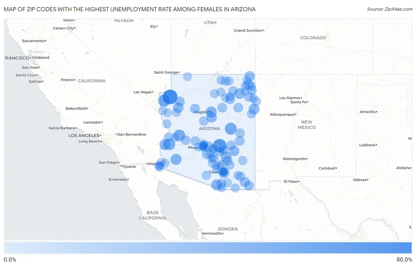 Zip Codes with the Highest Unemployment Rate Among Females in Arizona Map