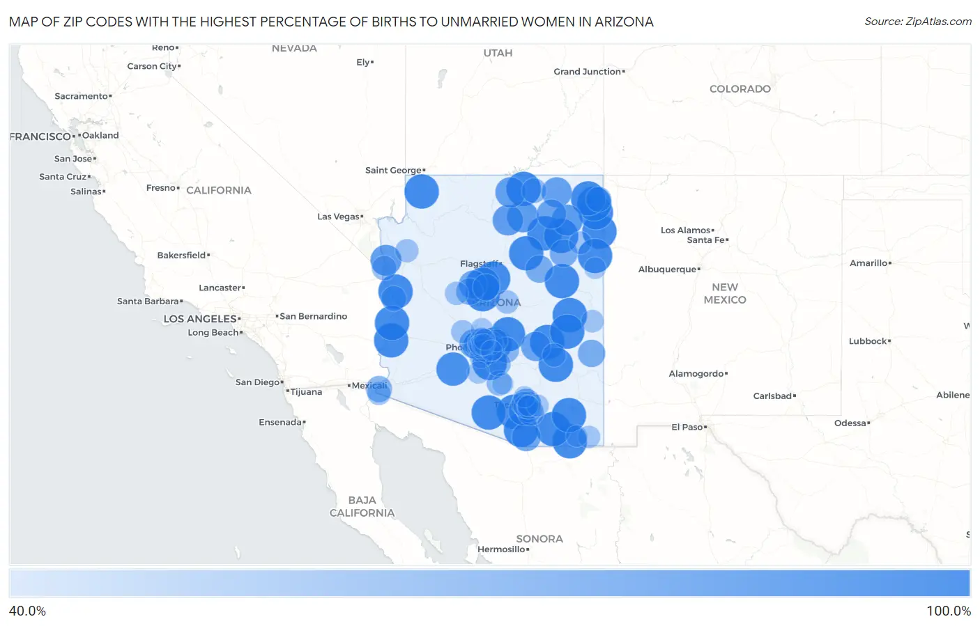 Zip Codes with the Highest Percentage of Births to Unmarried Women in Arizona Map
