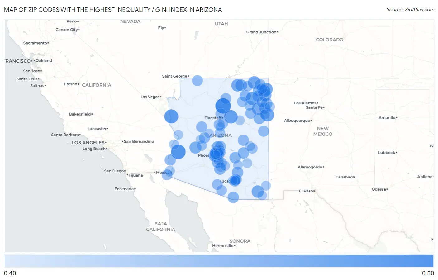 Zip Codes with the Highest Inequality / Gini Index in Arizona Map