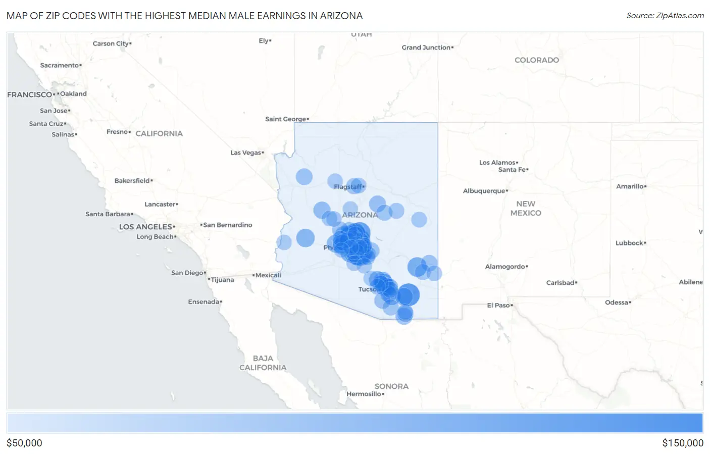 Zip Codes with the Highest Median Male Earnings in Arizona Map