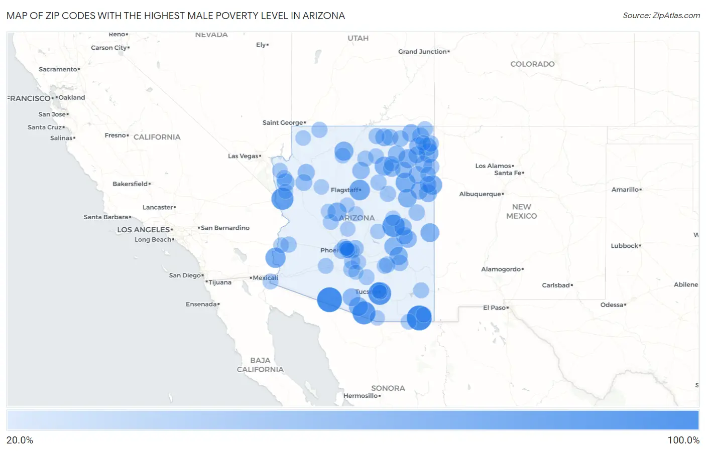 Zip Codes with the Highest Male Poverty Level in Arizona Map