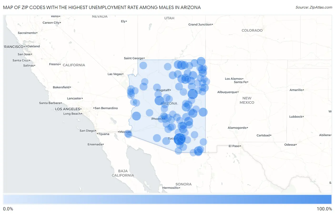 Zip Codes with the Highest Unemployment Rate Among Males in Arizona Map