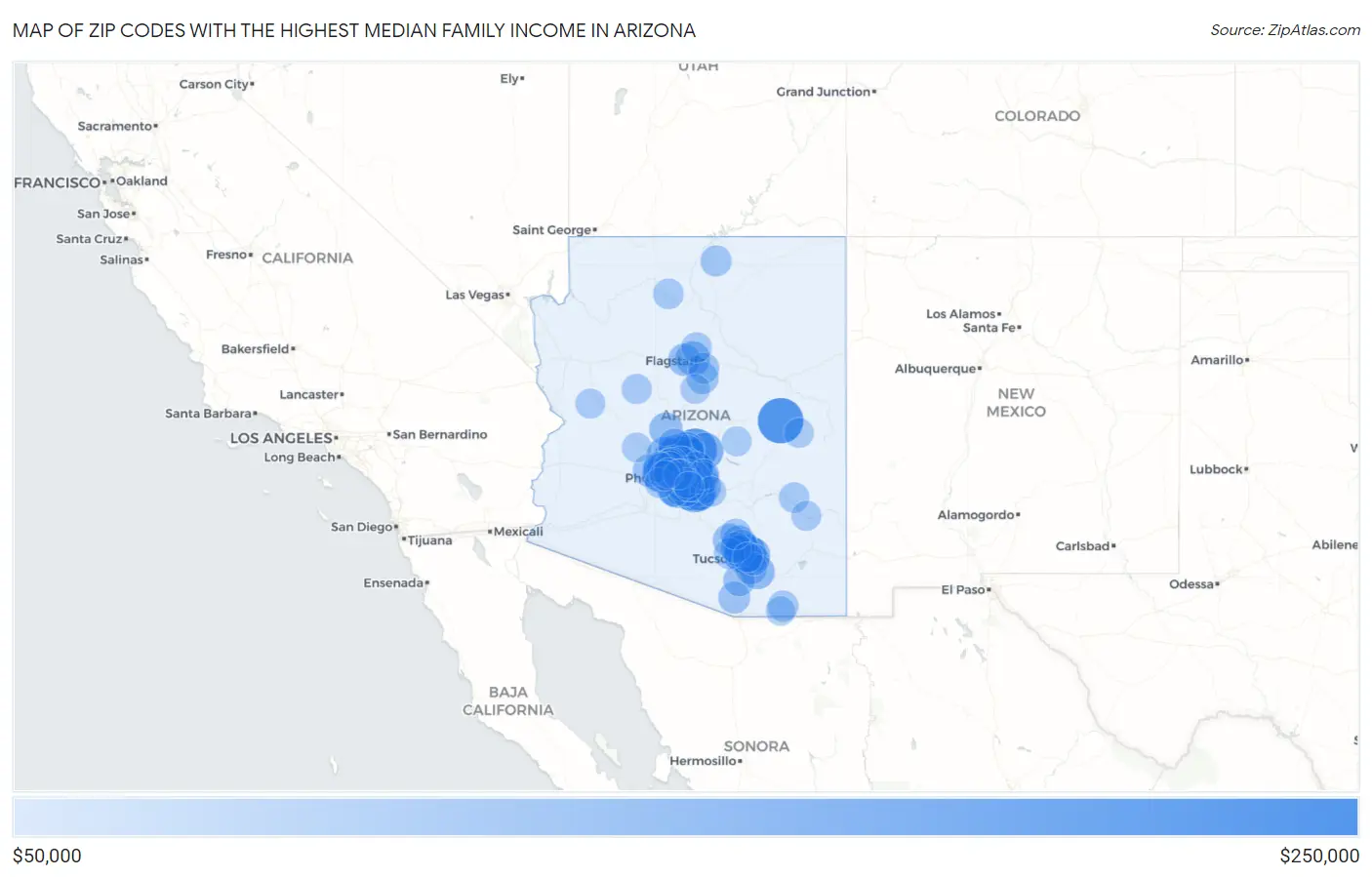 Zip Codes with the Highest Median Family Income in Arizona Map