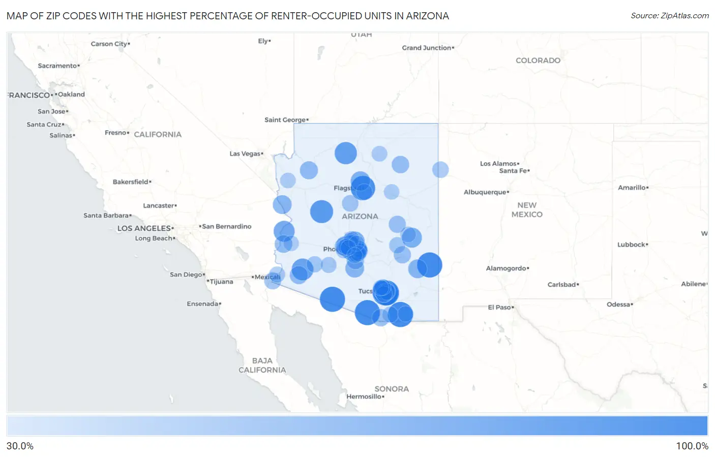 Zip Codes with the Highest Percentage of Renter-Occupied Units in Arizona Map