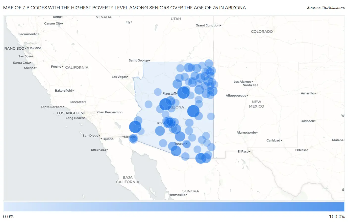 Zip Codes with the Highest Poverty Level Among Seniors Over the Age of 75 in Arizona Map