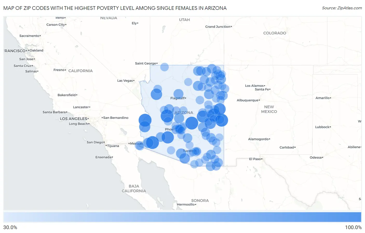 Zip Codes with the Highest Poverty Level Among Single Females in Arizona Map