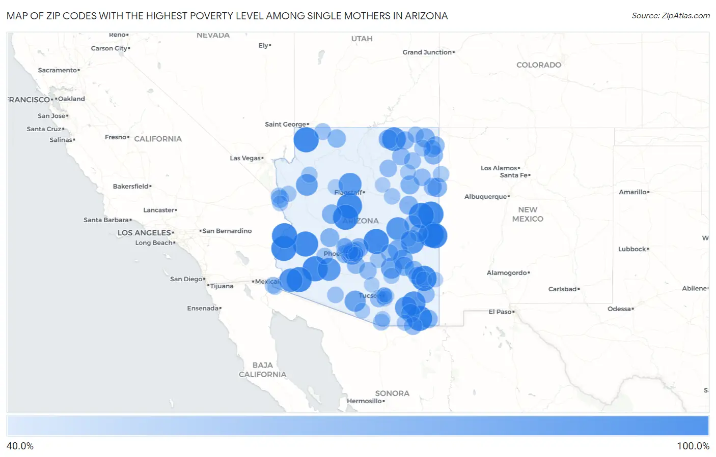 Zip Codes with the Highest Poverty Level Among Single Mothers in Arizona Map