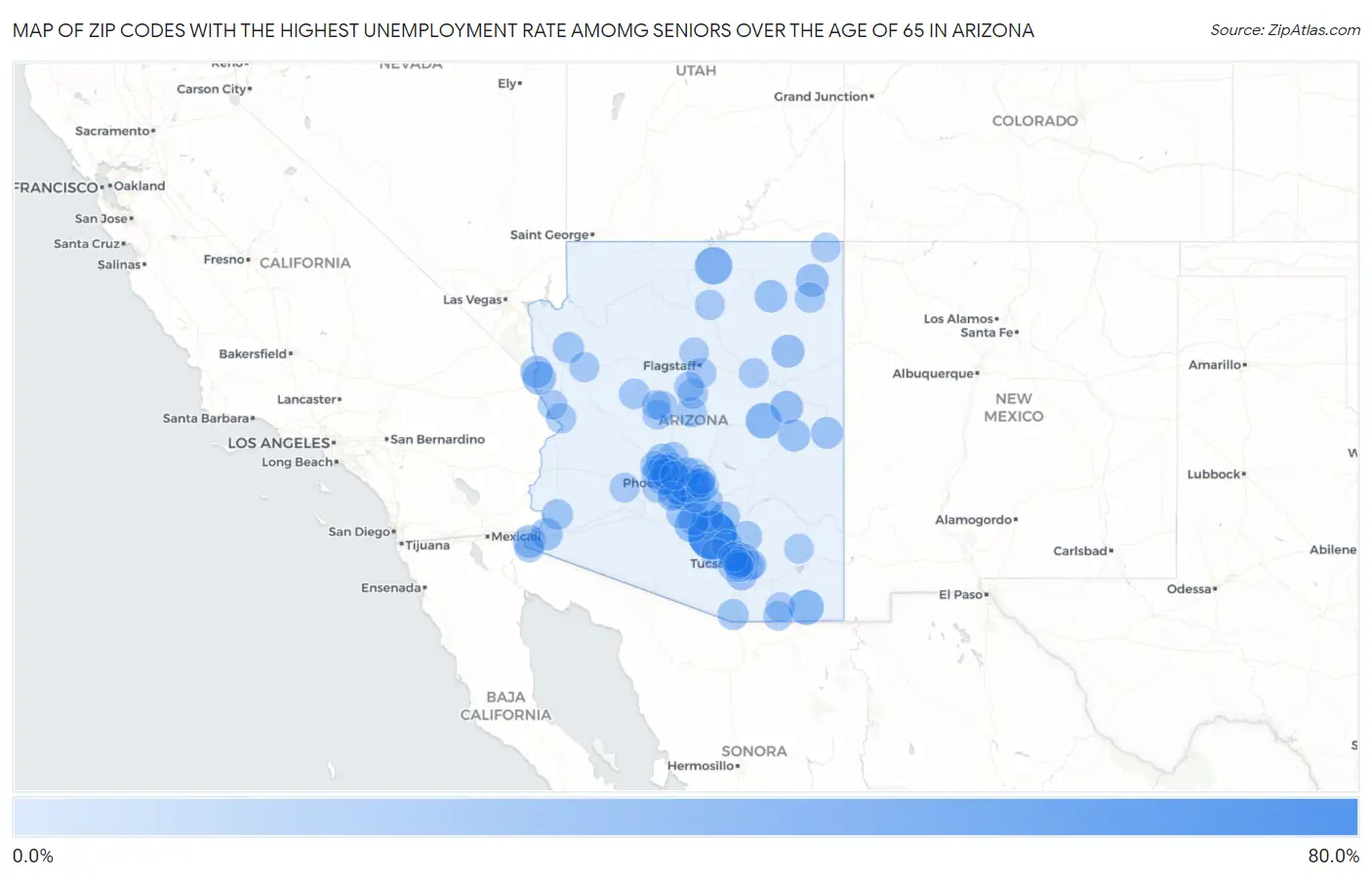 Zip Codes with the Highest Unemployment Rate Amomg Seniors Over the Age of 65 in Arizona Map