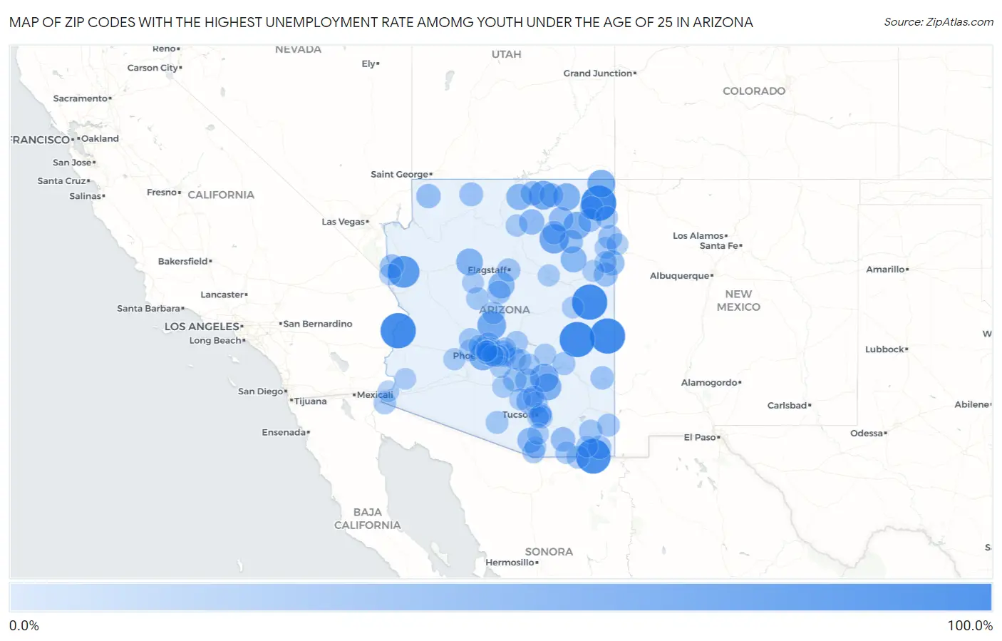 Zip Codes with the Highest Unemployment Rate Amomg Youth Under the Age of 25 in Arizona Map