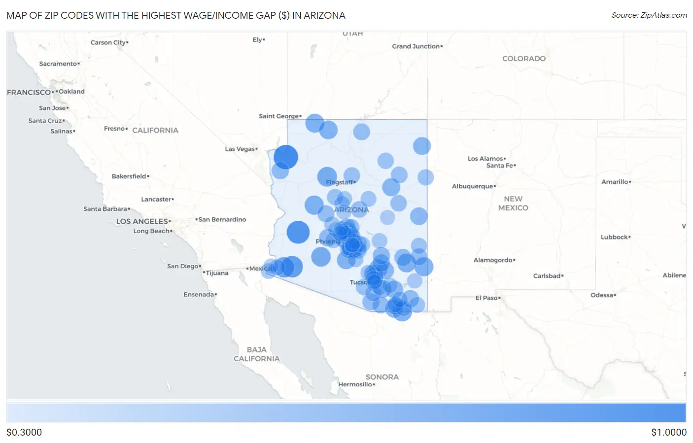 Zip Codes with the Highest Wage/Income Gap ($) in Arizona Map