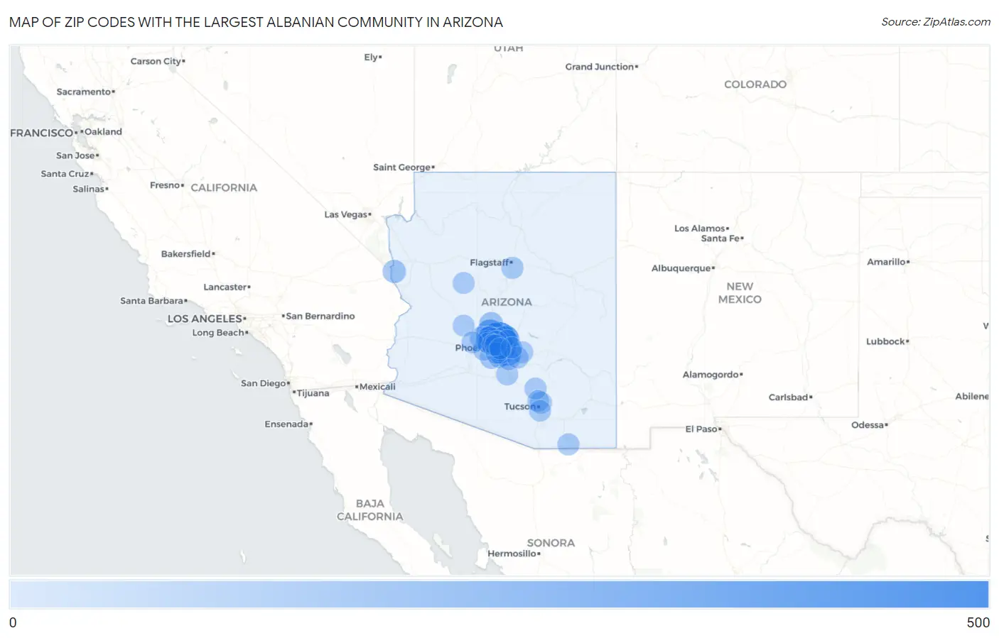 Zip Codes with the Largest Albanian Community in Arizona Map