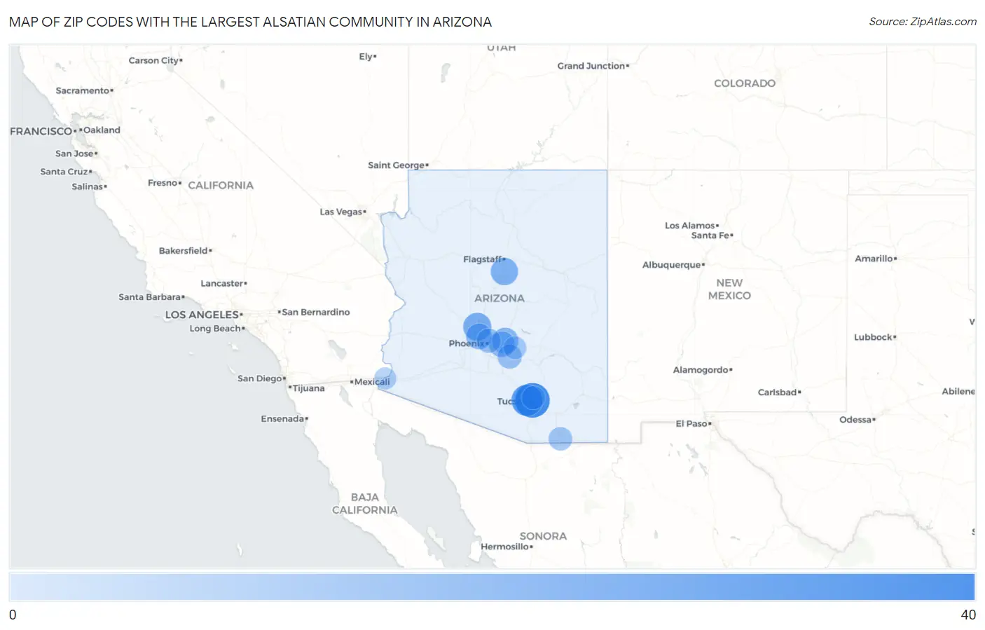 Zip Codes with the Largest Alsatian Community in Arizona Map