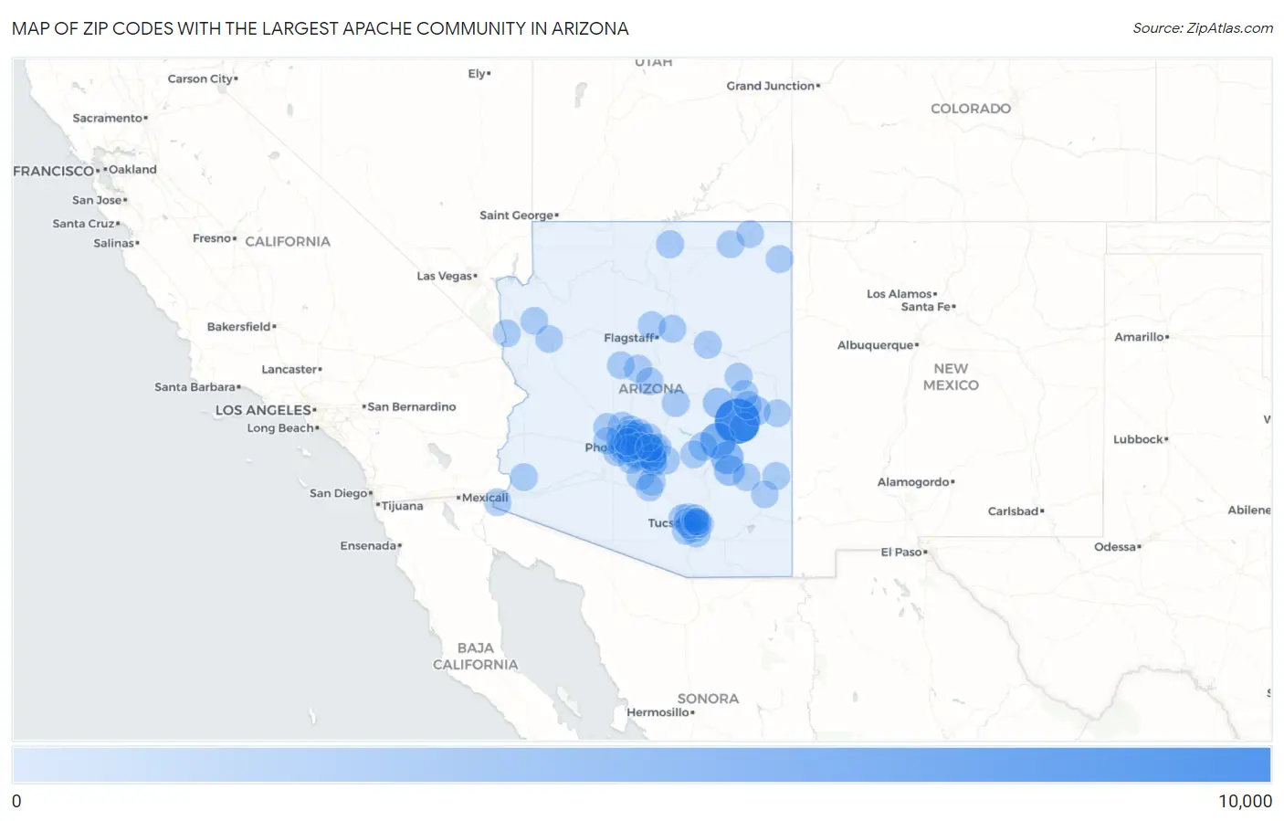 Zip Codes with the Largest Apache Community in Arizona Map
