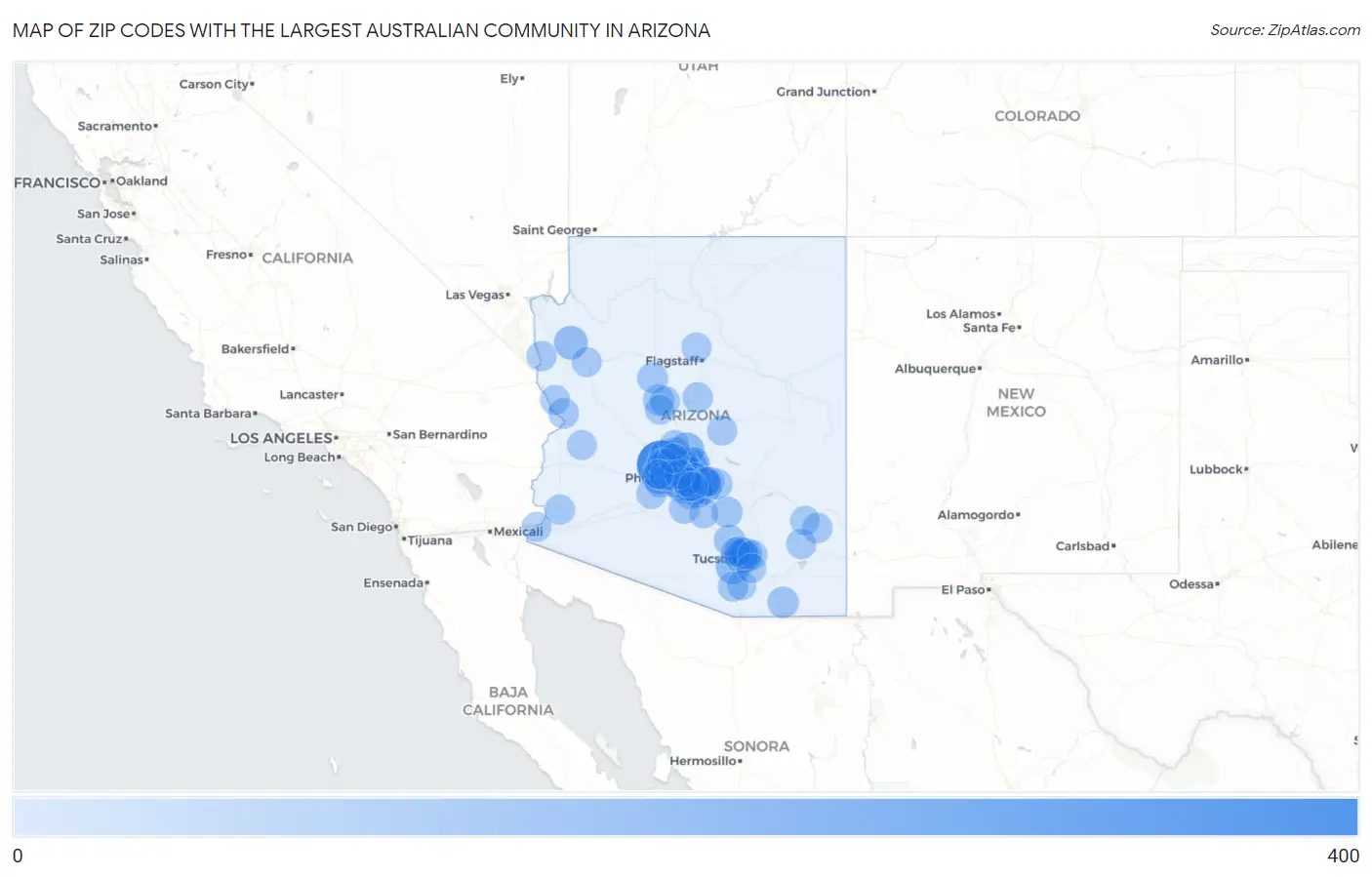 Zip Codes with the Largest Australian Community in Arizona Map