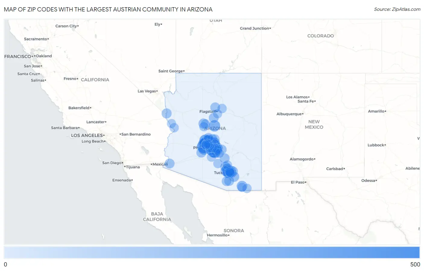 Zip Codes with the Largest Austrian Community in Arizona Map