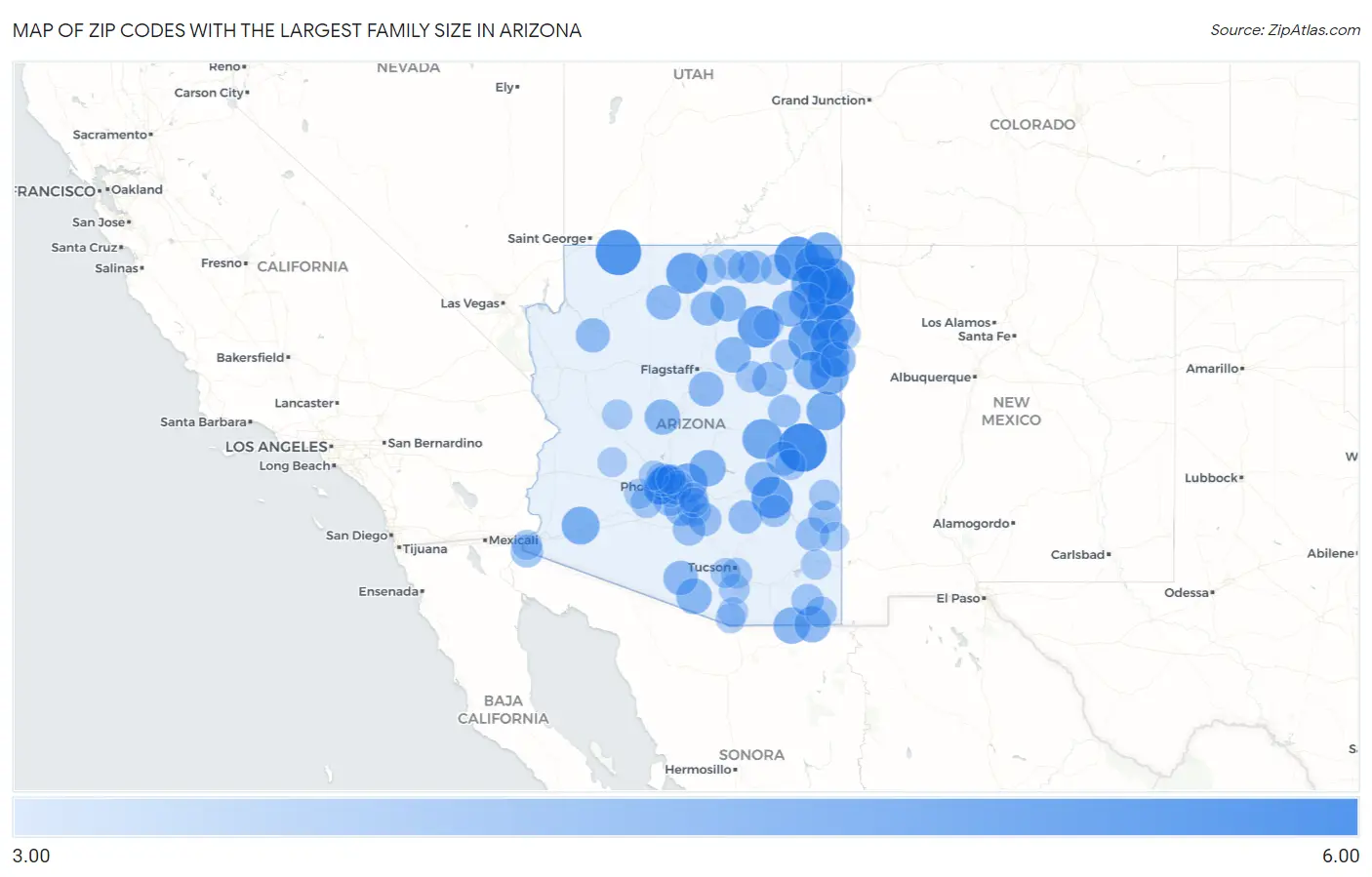 Zip Codes with the Largest Family Size in Arizona Map