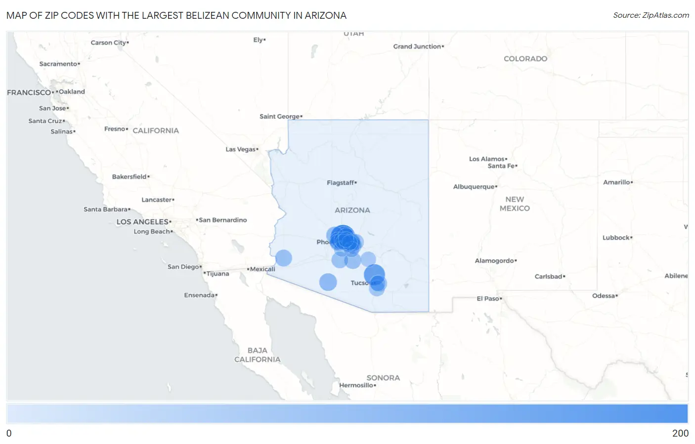 Zip Codes with the Largest Belizean Community in Arizona Map