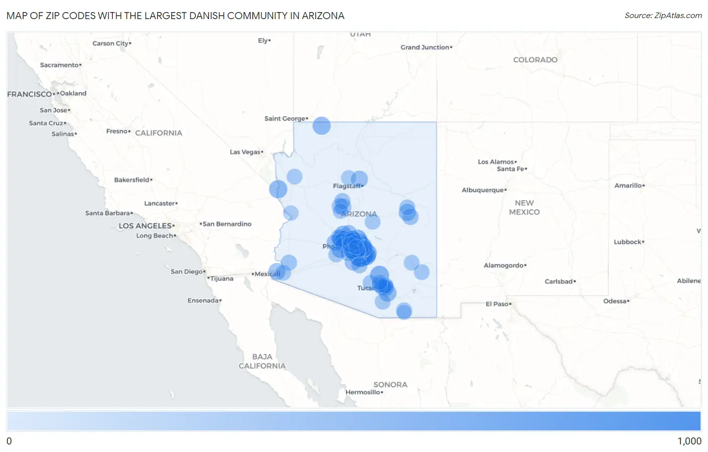Zip Codes with the Largest Danish Community in Arizona Map