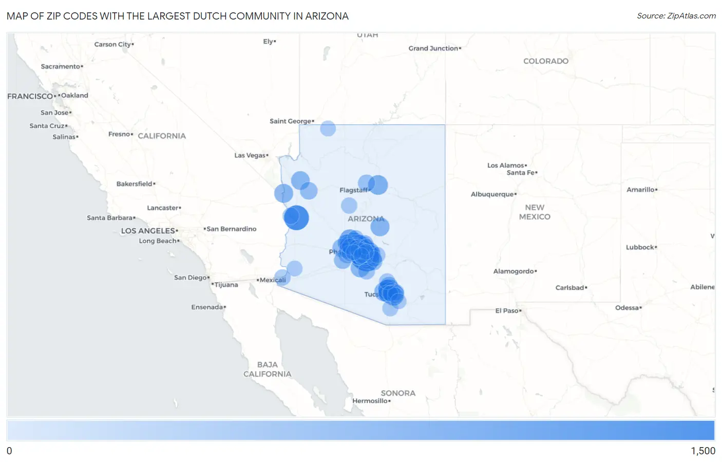 Zip Codes with the Largest Dutch Community in Arizona Map