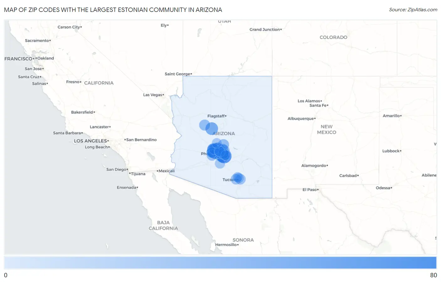 Zip Codes with the Largest Estonian Community in Arizona Map