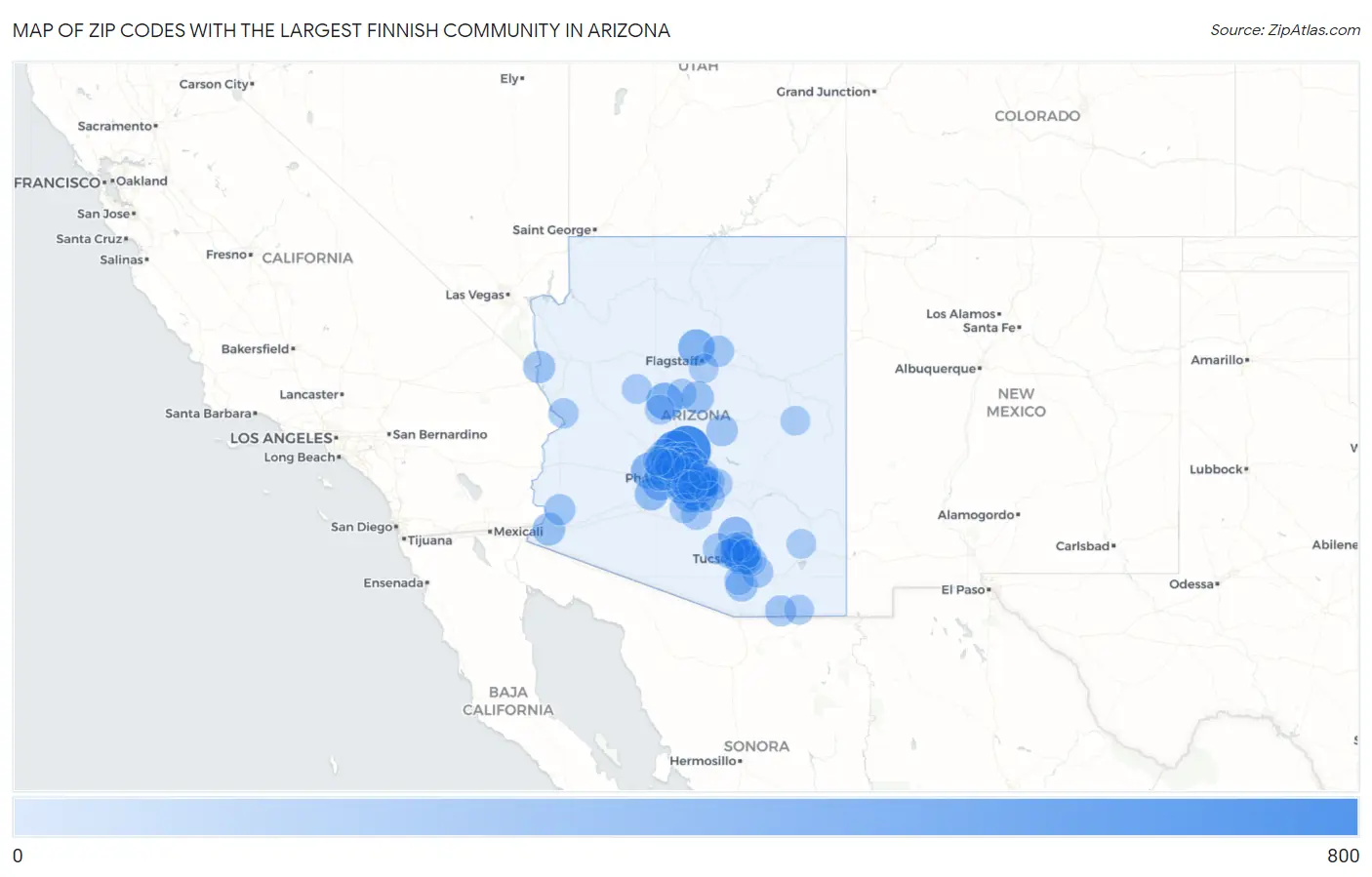 Zip Codes with the Largest Finnish Community in Arizona Map