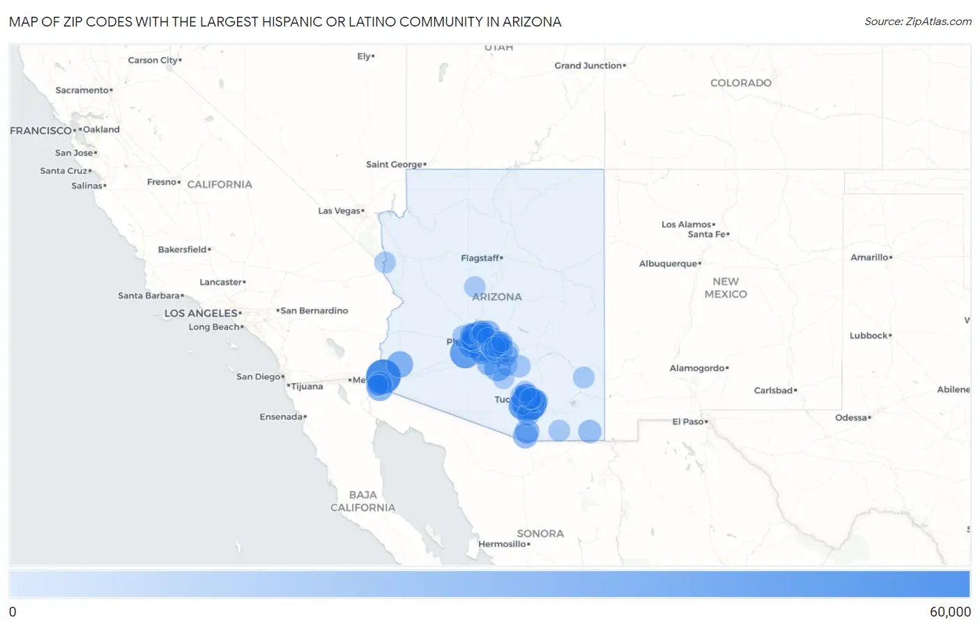 Zip Codes with the Largest Hispanic or Latino Community in Arizona Map