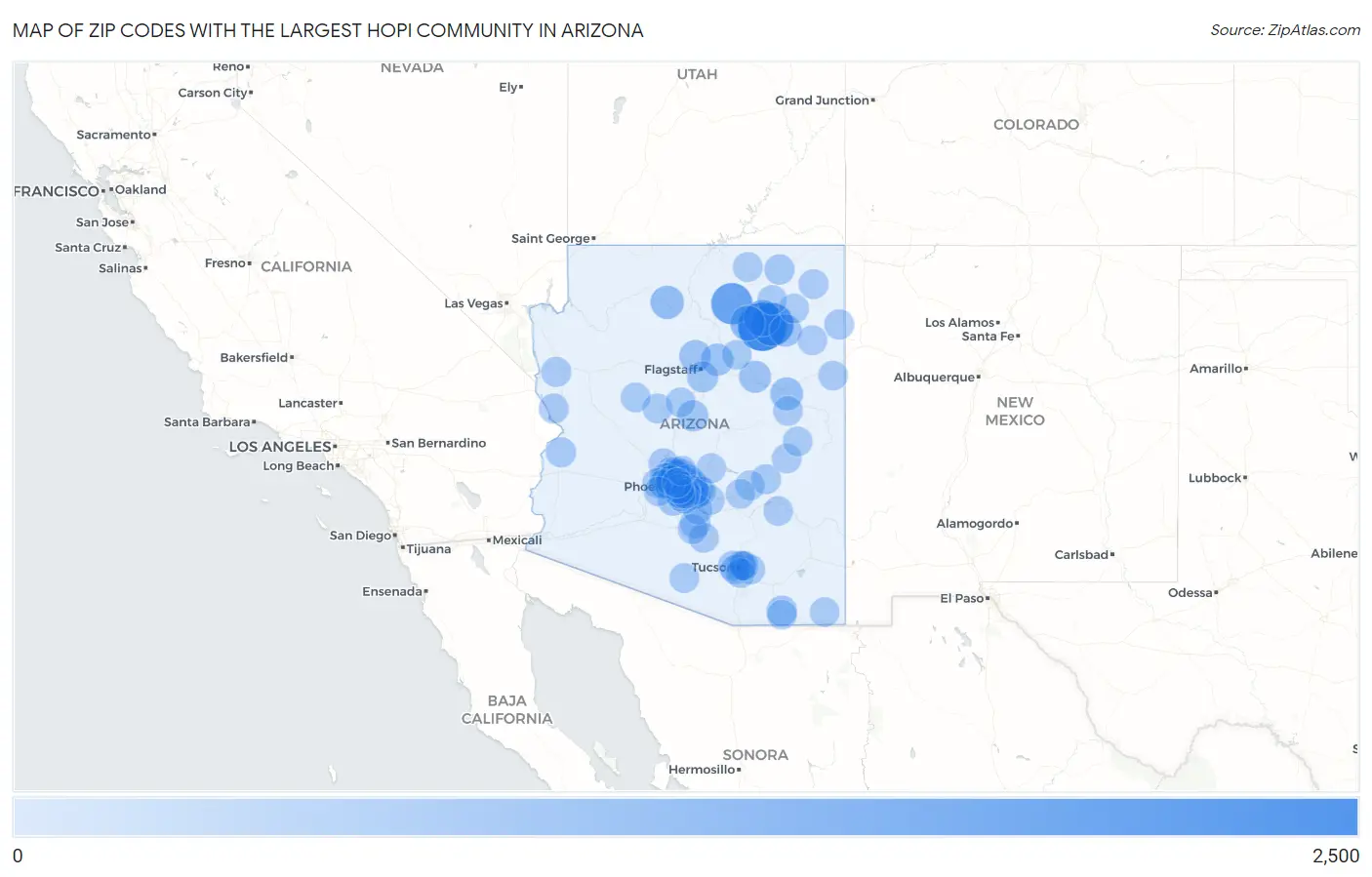 Zip Codes with the Largest Hopi Community in Arizona Map
