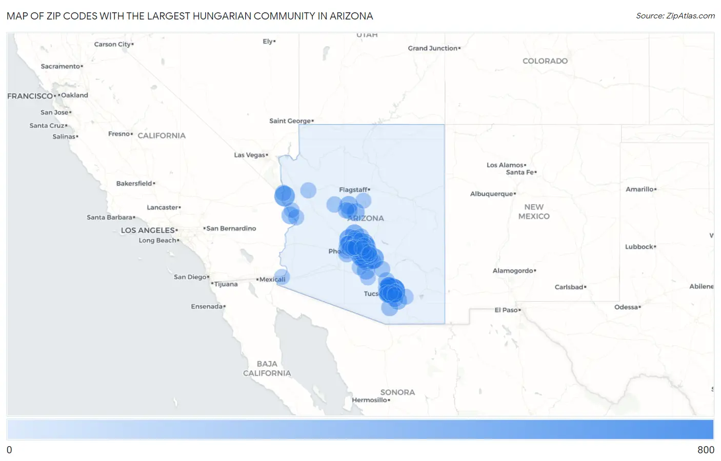 Zip Codes with the Largest Hungarian Community in Arizona Map