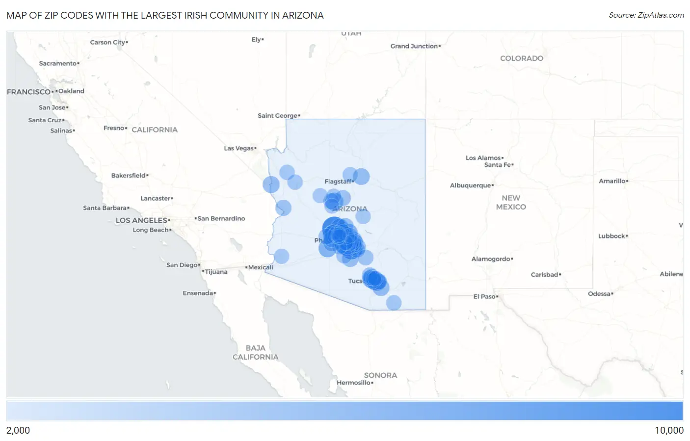 Zip Codes with the Largest Irish Community in Arizona Map
