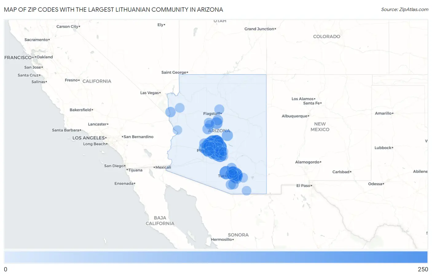 Zip Codes with the Largest Lithuanian Community in Arizona Map
