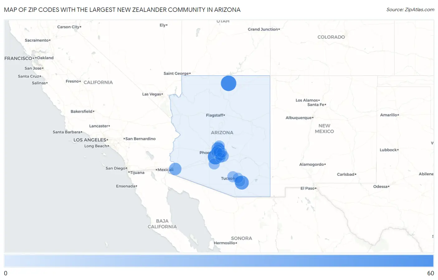 Zip Codes with the Largest New Zealander Community in Arizona Map