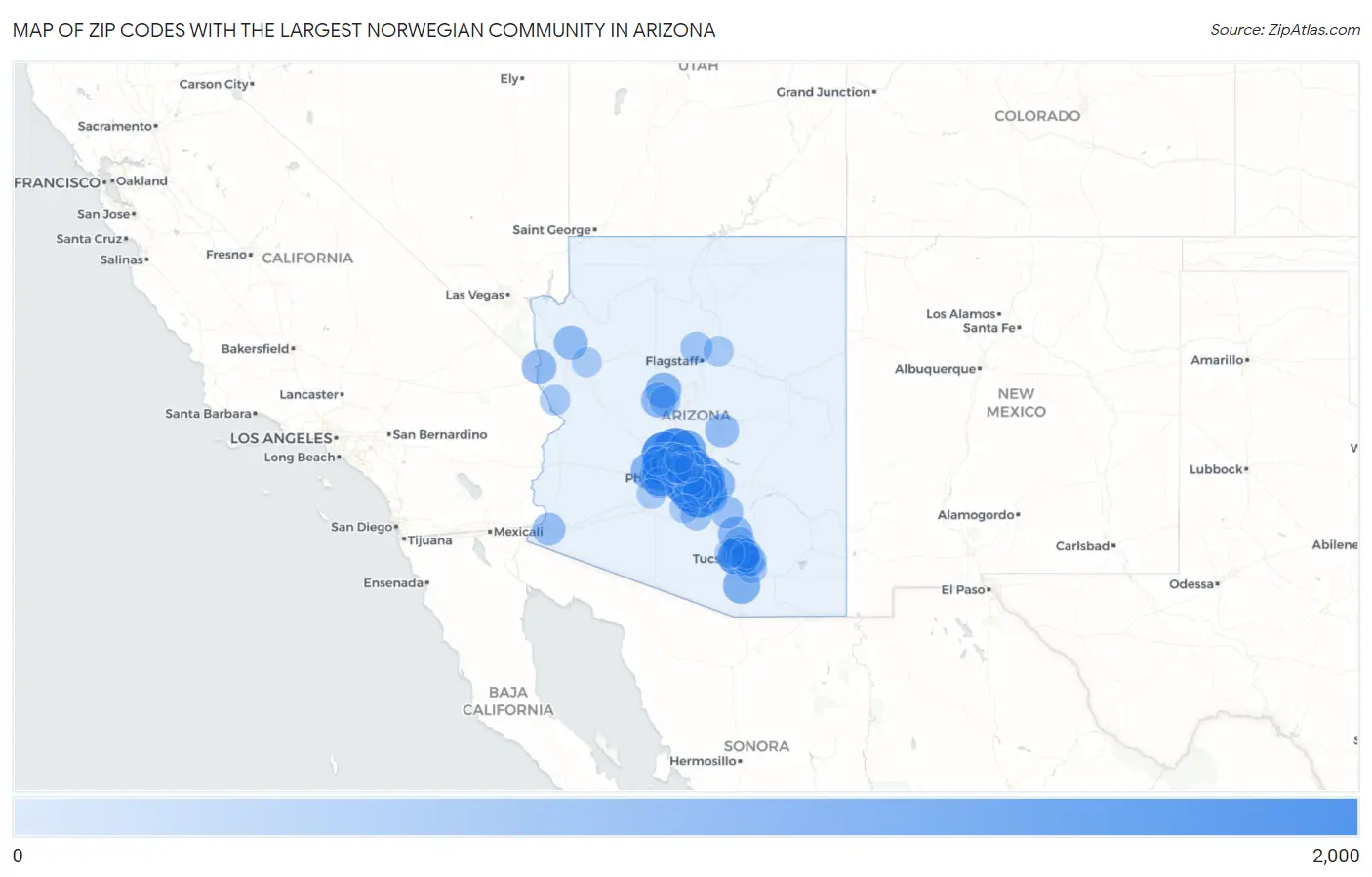 Zip Codes with the Largest Norwegian Community in Arizona Map