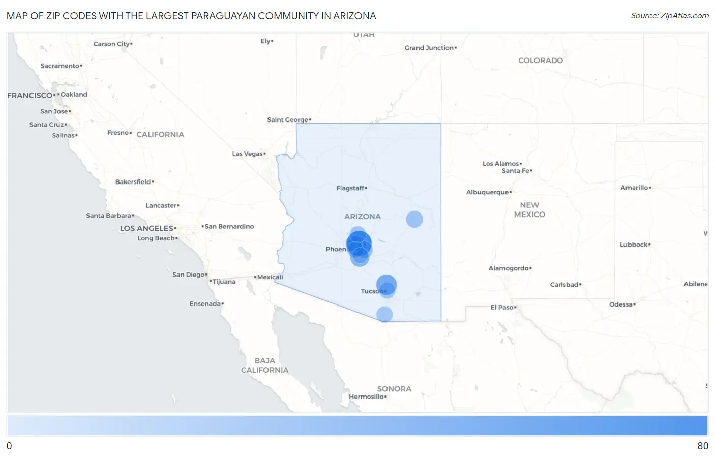 Zip Codes with the Largest Paraguayan Community in Arizona Map