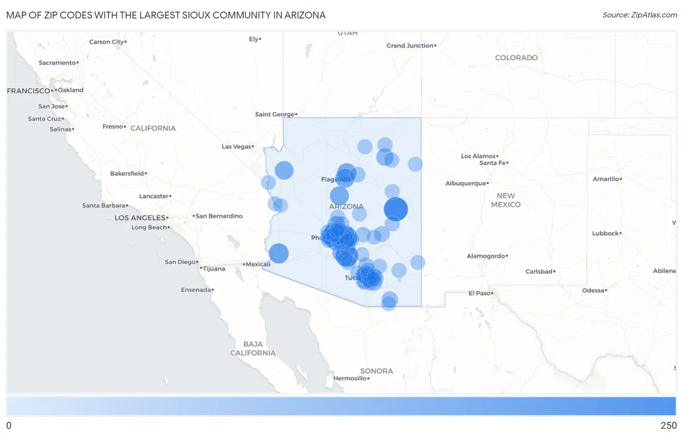 Zip Codes with the Largest Sioux Community in Arizona Map