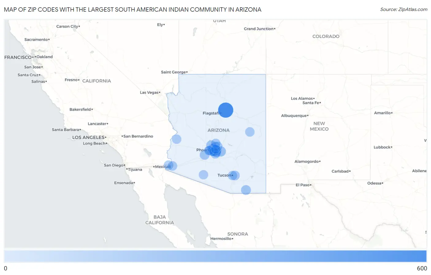 Zip Codes with the Largest South American Indian Community in Arizona Map