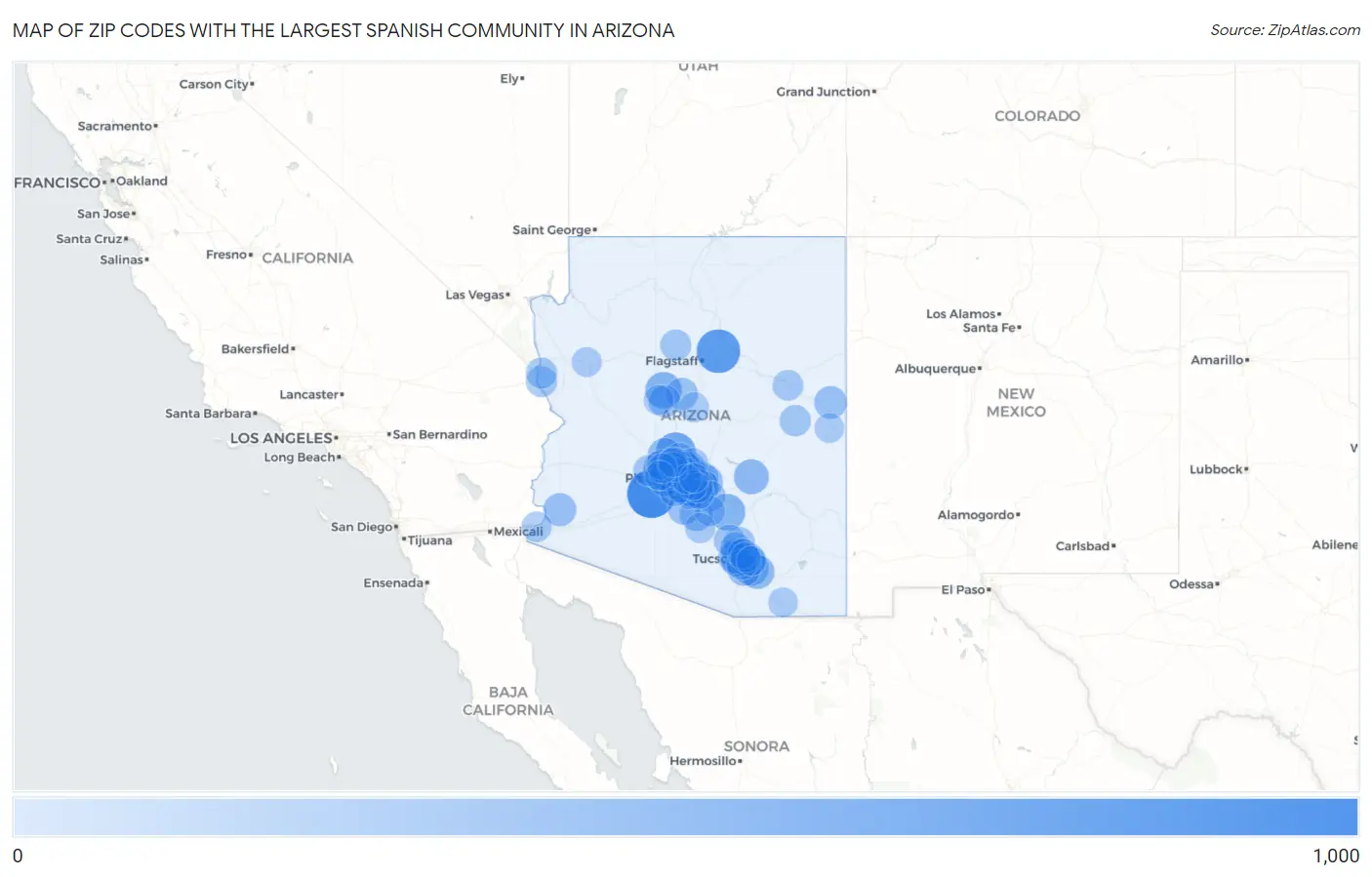 Zip Codes with the Largest Spanish Community in Arizona Map