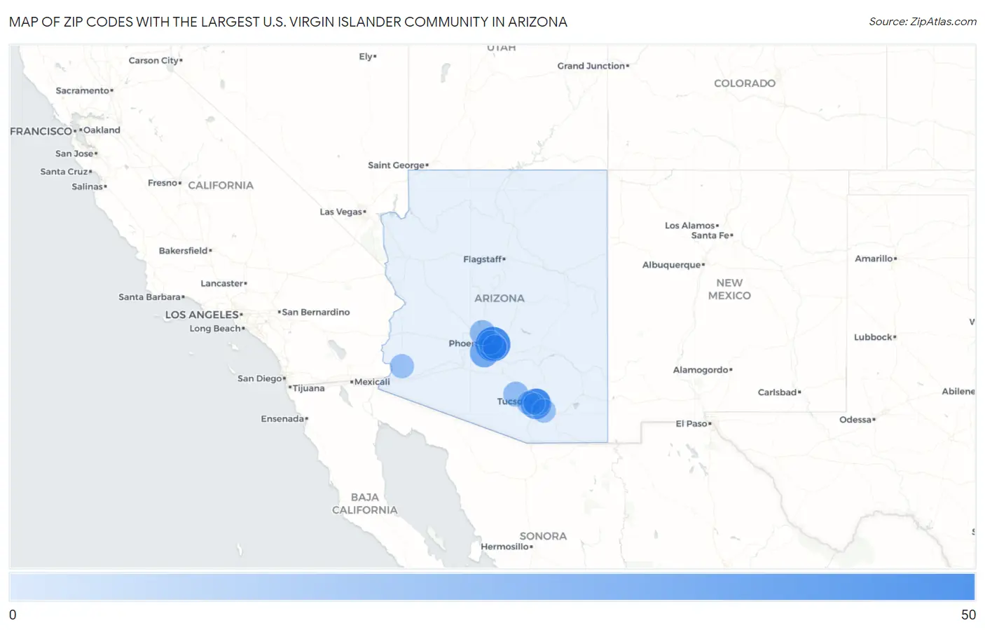 Zip Codes with the Largest U.S. Virgin Islander Community in Arizona Map